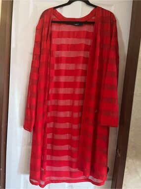 Studio Park x Jane Treacy Open Knit Stripe Long Duster Cardigan - Red, XL
